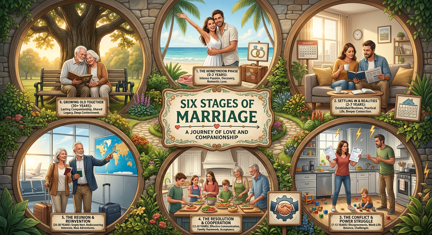 Six stages of marriage with descriptions and couples at different life phases